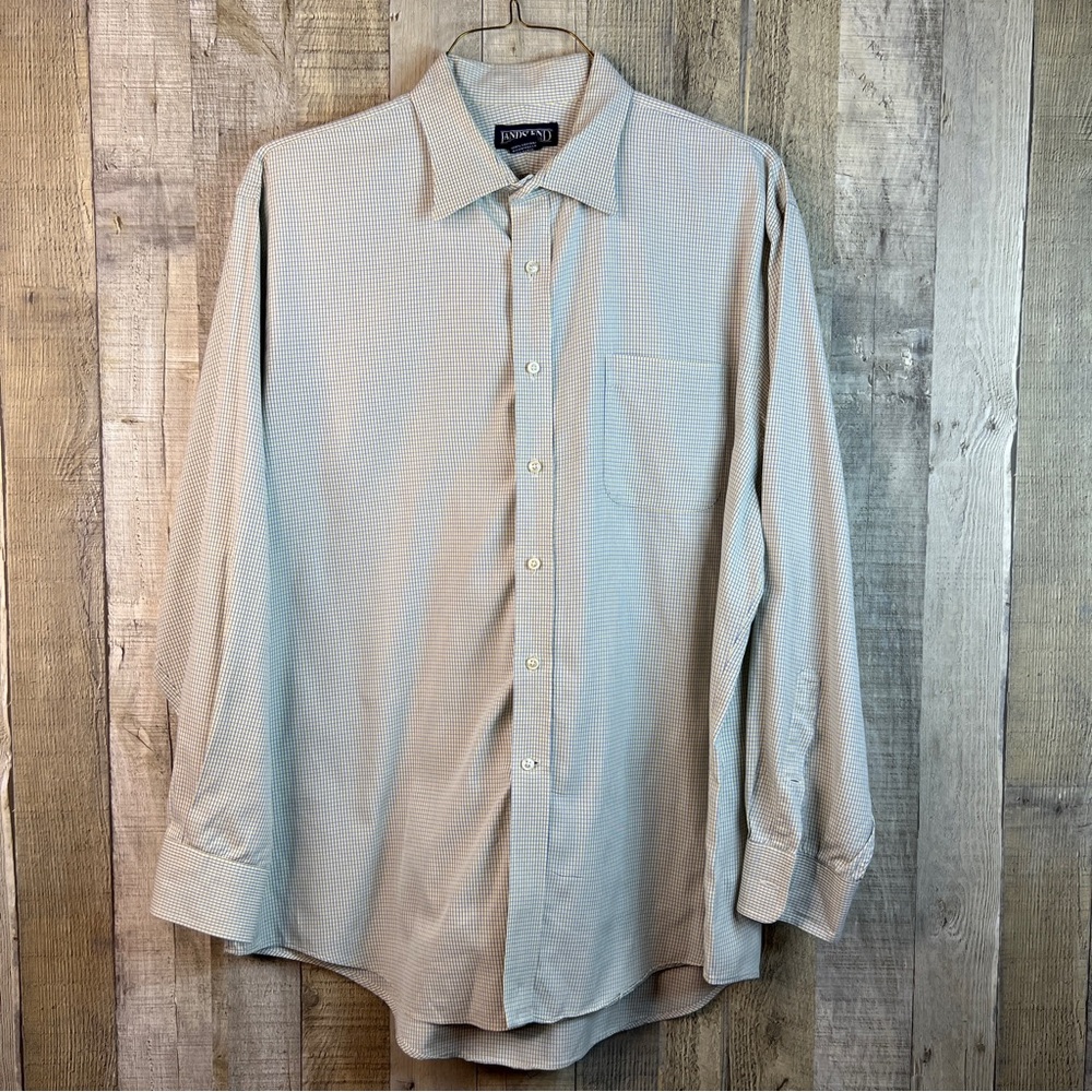 Lands End Size 17-34 Yellow & Blue Check Long Sleeve 1 Pocket Button Dow…